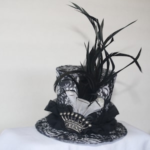 Steampunk Mini Top Hat Black and White Felt with Crown and Feathers