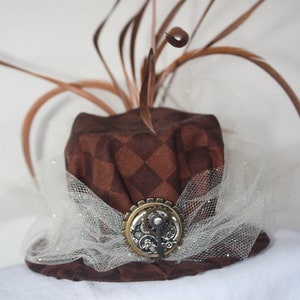 Steampunk Mini Hat- Brown Checkered with Gears and feather