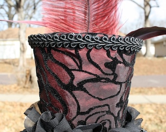 Steampunk Mini Hat-Red and Black Lace with Red Feathers Rhinestone Brooch