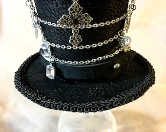 Steampunk Mini Hat- Black Faux Leather Top Hat with Silver Chains and Charms