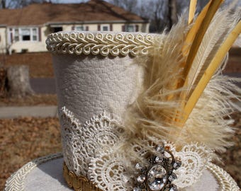 Steampunk Mini Hat-Light Tan Faux Leather and Off White Feathers and Rhinestone Brooch