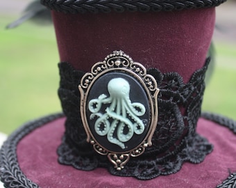 Steampunk Mini Hat- Burgundy with Black Accents and Octopus Cameo