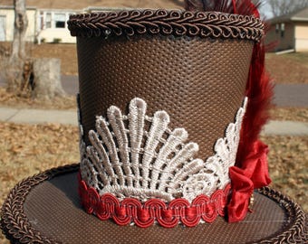 Steampunk Mini Hat-Brown Faux Leahter and Red Feathers and Eye Charm
