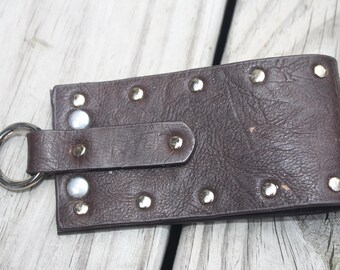 Steampunk Skirt Hiker or Accessory Holder Large Brown Faux Leather with Silver Studs and Silver Ring