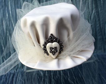 Steampunk Mini Hat Fascinator Wedding White Leather with Heart