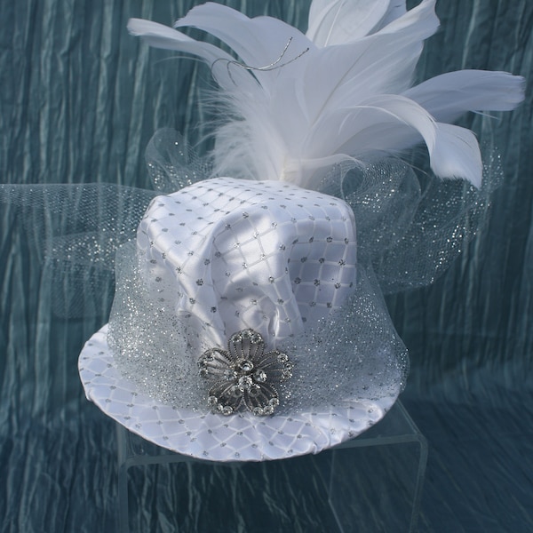 Steampunk Mini Hat- Wedding white with sparkles and feather