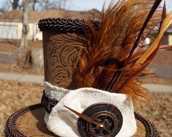 Steampunk Mini Hat-Faux Leather and Fabric band with Brown and Tan Feathers