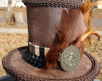 Steampunk Mini Hat-Faux Leather and Fabric Band with Brown Feathers
