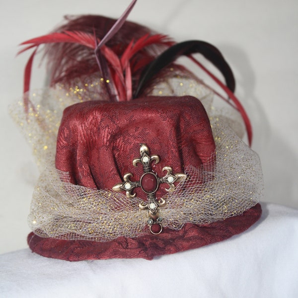 Steampunk Mini Hat- Burgundy and Gold with Cross