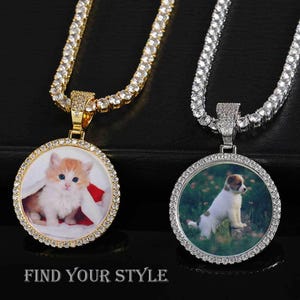 Personalized Diamond Studded Photo Necklace - Custom Memorial Picture Necklace - Hip Hop Pendant Iced Round Necklace - Pet Memorial Necklace