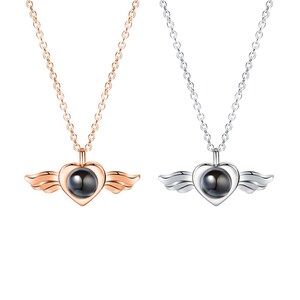 May include: Two necklaces with heart-shaped pendants and wing accents. One necklace is rose gold, the other is silver. Each pendant has a dark, circular center, and hangs from a delicate chain.