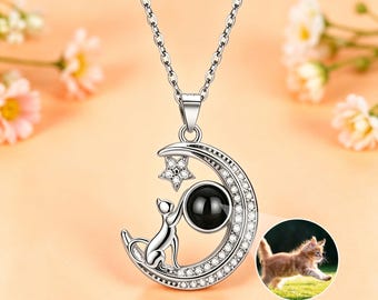 Custom Cat Photo Projection Necklace for Her, Sterling Silver Moon Cat Necklace, Personalized Pet Memorial Gift for Cat Lover