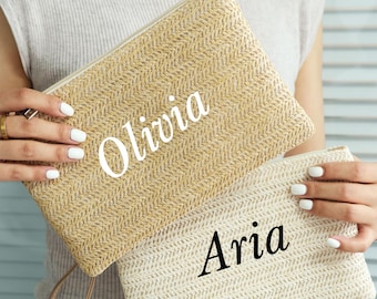 Personalized Straw Clutch with Name, Custom Embroidered Bridesmaid Gift Bag, Beach Wedding Accessory, Bachelorette Party Favor, Summer Bag