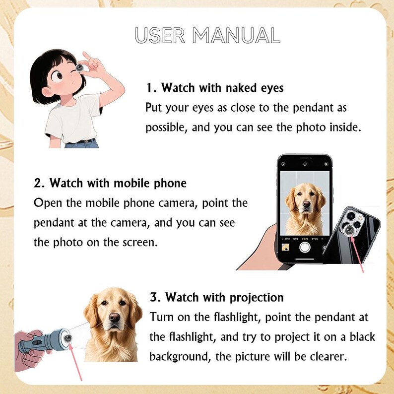May include: User manual with instructions on how to view a pendant with a photo inside. The manual shows how to view the photo with the naked eye, a mobile phone, and a flashlight.