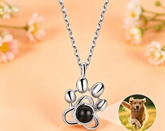 Custom Dog Paw Photo Projection Necklace, Personalized Pet Memorial Gift, Sterling Silver Necklace for Dog Lovers