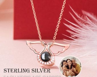 Sterling Silver Angel Wings Projection Necklace: Personalized Memorial Photo Pendant