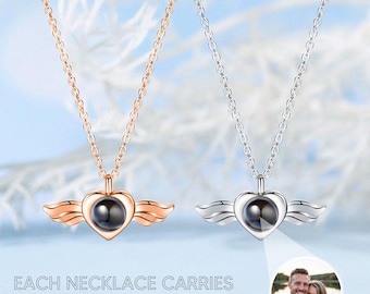 Sterling Silver Angel Wing Projection Necklace: Personalized Photo Pendant