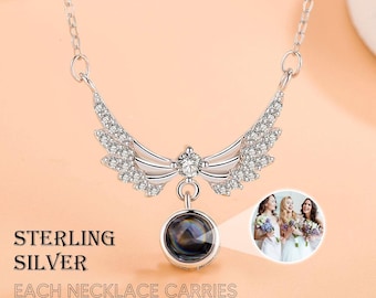 Sterling Silver Angel Wings Photo Projection Necklace - Memorial Gift