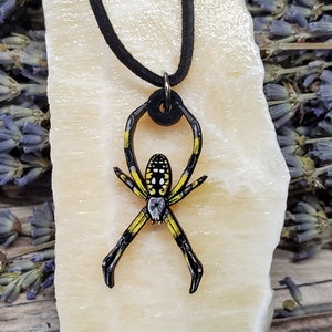 Yellow Garden Orb Weaver Spider Wooden Pendant and Necklace - Argiope aurantia Tarantula Bug Insect Nature Animal