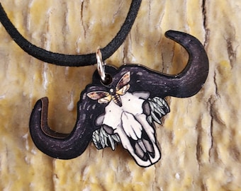 Cape Buffalo Skull - African Animal Deathhead Moth Sage - Maple Wooden Pendant and Necklace - Gift Nature South Africa