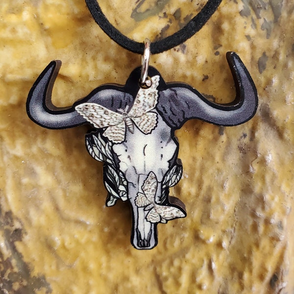 Blue Wildebeest Skull - African Animal with Witch Moths and  Sage - Maple Wooden Pendant and Necklace - Gift Nature South Africa