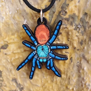 Green Bottle Blue Tarantula Chromatopelma cyaneopubescens Wooden Pendant and Necklace