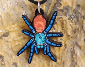 Green Bottle Blue Tarantula Chromatopelma cyaneopubescens Wooden Pendant and Necklace