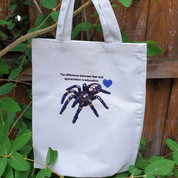 Canvas Reusable Tote Bag - P. Metallica Tarantula - The Difference between fear and appreciation is education - Spider Reusable Arachnid