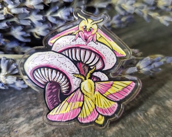 Acrylic Pin - Rosy Maple Moth with Lavendar Mushrooms - Made with Recycled Materials - Rosey Sun Moon Night Butterfly Metaphystical