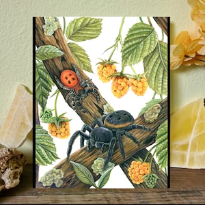 May include: A black and yellow spider with long legs sits on a branch with red and yellow berries. The spider is in focus, while the berries and branch are out of focus.