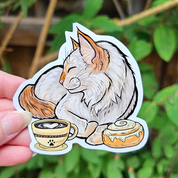 Flame Point Siamese Cat with Cinnamon Roll and Coffee Sticker - 3.75 inch glossy sticker - Feline Butterfly Kitty Kitten Art Waterproof