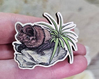 Wooden Pin - Florida Bonneted Bat with Air Plant - Made with Recycled Materials - Batty Nocturnal Cottagecore Unique Wildlife