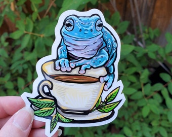 Blue Whites Tree Frog Sticker - 4 inch glossy sticker - Happy Frog Enjoying Tea toad amphibian Art Drawing Dumpy Cute Snowflake Frogcore