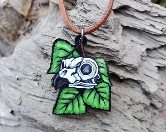 Great Horned Owl Skull - Cottonwood Leaves - Wooden Pendant and Necklace -Owl Totem Spirit Gift Nature Bord Raptor