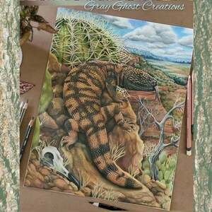 Gila Monster Fine Art Print Colored Pencil Drawing Reptile Art Lizard Venom Venomus Road Runner Skull Desert Vulture image 2