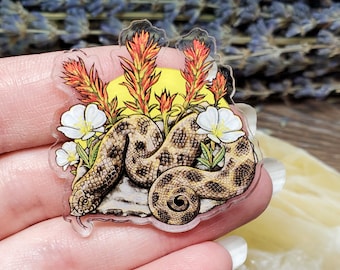 Acrylic Pin - Western Hognose and Indian Paintbrush Wildflowers - Made with Recycled Materials - Snake Plants Artwork Garden Cactus Cute