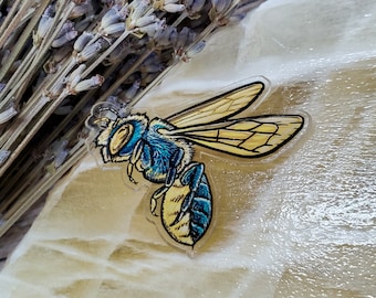 Acrylic Pin - Osmia georgica Blue and Gold Bee - Made with Recycled Materials - Bee Pollination Pollinator Garden Plants Leaves Artwork