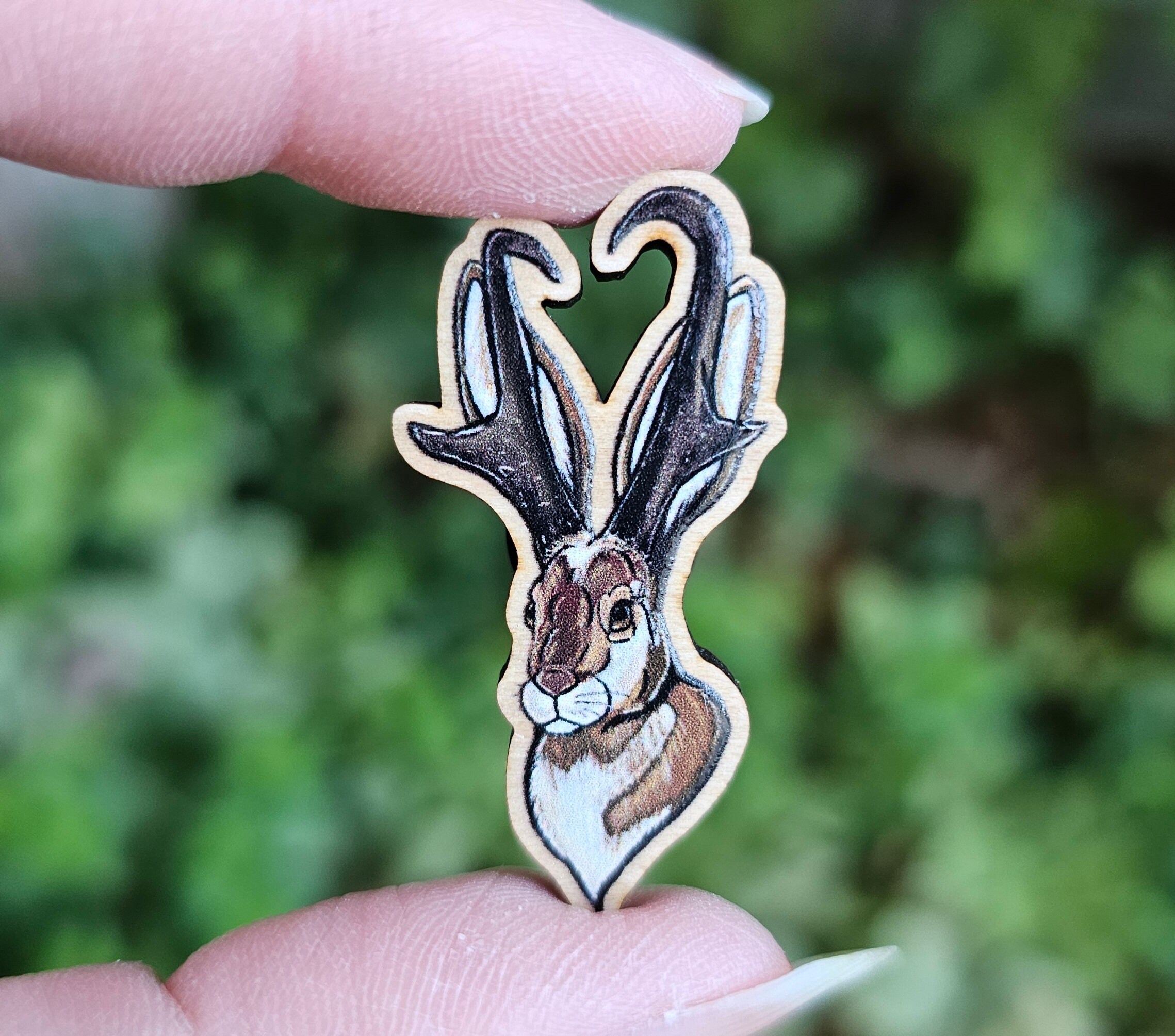 Wooden Pin - Pronghorn Jackalope - Made with Recycled Materials - Cottagecore Unique Bunny Rabbit Cryptid Mythical Magic Desert