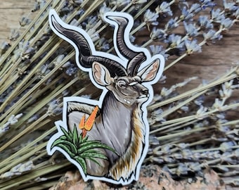 Majestic Kudu African Antelope Sticker - 4 inch glossy waterproof sticker -  Wild Cottagecore Art Drawing Hoof Wildlife Nature Bull Greater