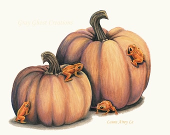 Pumpkin Toadlets - Fine Art Print - By Laura Airey Le - Fall Autumn Frog Toad Pumpkin Patch Spice Pumpkins Orange Dart Poison Cute