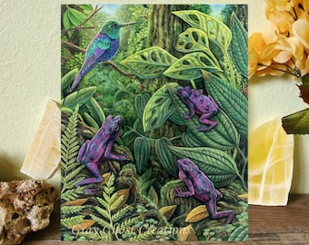 Limited Edition - Purple Harlequin Toads -11x14 Fine Art Print - Atelopus barbotini toads and Humming Bird Hummingbird Plants