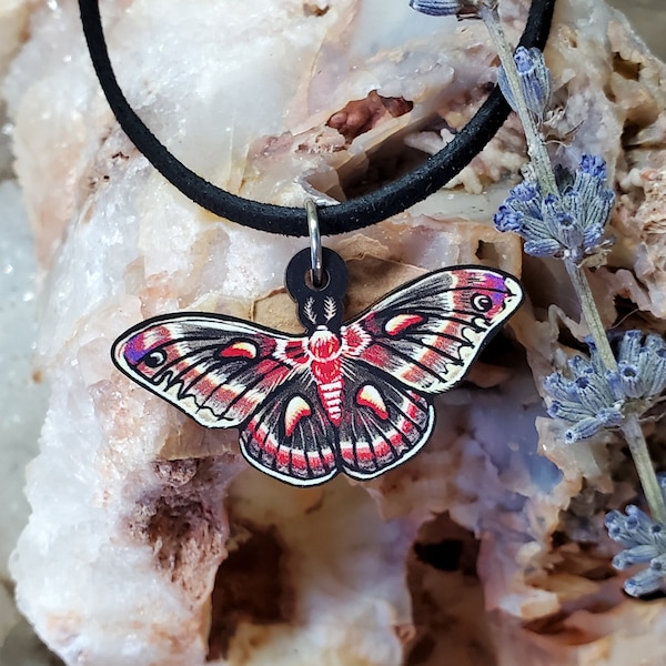 Cecropia Moth Wooden Pendant and Necklace - Bug Insect Animal Butterfly Garden Wildlife Nature Night Metaphysical Mint Spirit Lavender