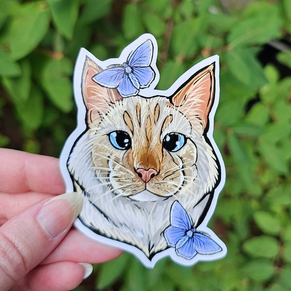 Flame Point Siamese Cat Sticker - 3.75 inch glossy sticker - Feline Butterfly Kitty Kitten Art Drawing Catcore Waterproof