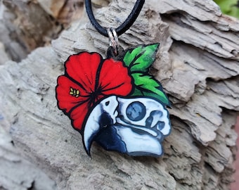 Scarlett Macaw Skull - Hibiscus Flower - Wooden Pendant and Necklace - Parrot Totem Bird Spirit Gift Nature Rain Forest