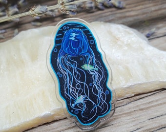 Acrylic Pin - Box Jellyfish - Made with Recycled Materials - Jelly Fish Ocean Sea Artwork Garden Venomous Fishing