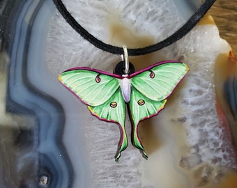 Luna Moth Wooden Pendant and Necklace - Bug Insect Animal Butterfly Green Garden Wildlife Nature Night Metaphysical Mint Spirit