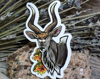 Majestic Nyala African Antelope Sticker - 4 inch glossy waterproof sticker -  Wild Cottagecore Art Drawing Deer Hoof Wildlife Nature