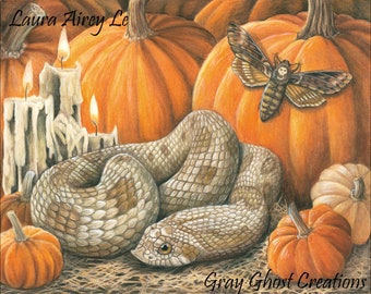 Halloween Hognose - 5x7 or 8x10 Fine Art Print - By Laura Airey Le - Western Hognose Toffeeconda Morph Snake Reptile Anaconda Moth Pumpkin