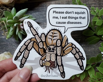 Wolf Spider &quot;Please dont squish me&quot;  Sticker - 4 inch or 2.5 inch glossy sticker -  Tarantula Arachnid Insect Bug Art Drawing Kind