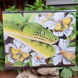 May include: A green snake with a yellow and black butterfly on a white flower. The snake is curled around the flower and its head is facing the viewer. The background is a dark green.